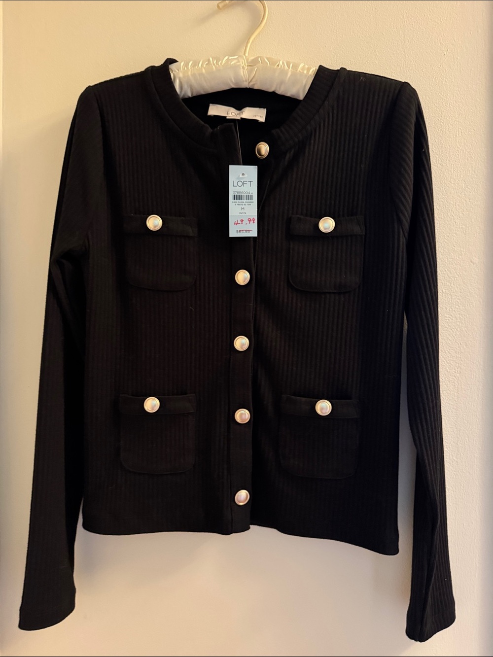 LOFT Black Ribbed Cardigan Jacket with Pearl Buttons